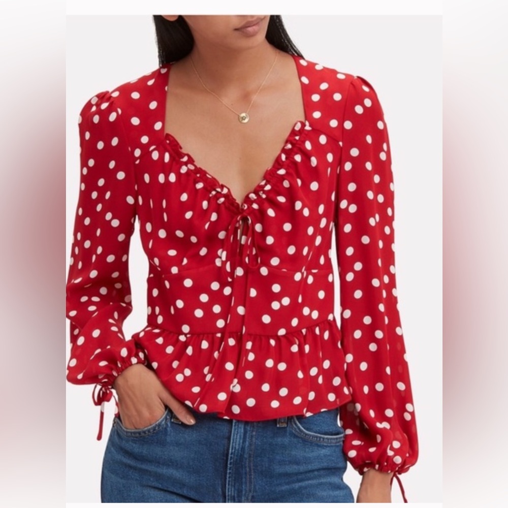 Intermix eve polka dot silk blouse Elena Gilbert felicity Smoak